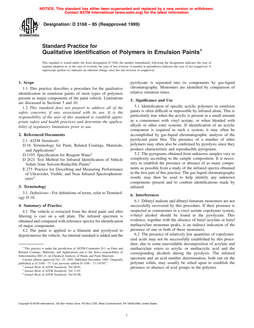 ASTM D3168-85(1999) - Standard Practice for Qualitative Identification of Polymers in Emulsion Paints