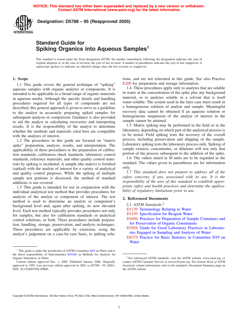 ASTM D5788-95(2005) - Standard Guide for Spiking Organics into Aqueous Samples