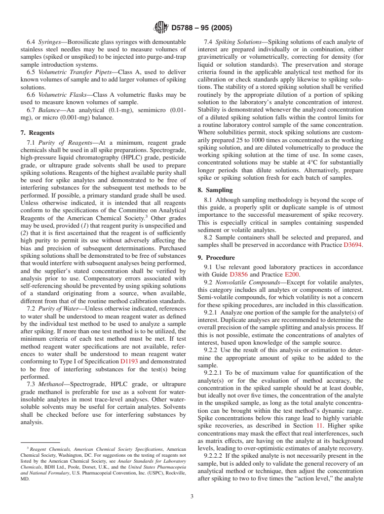 ASTM D5788-95(2005) - Standard Guide for Spiking Organics into Aqueous Samples