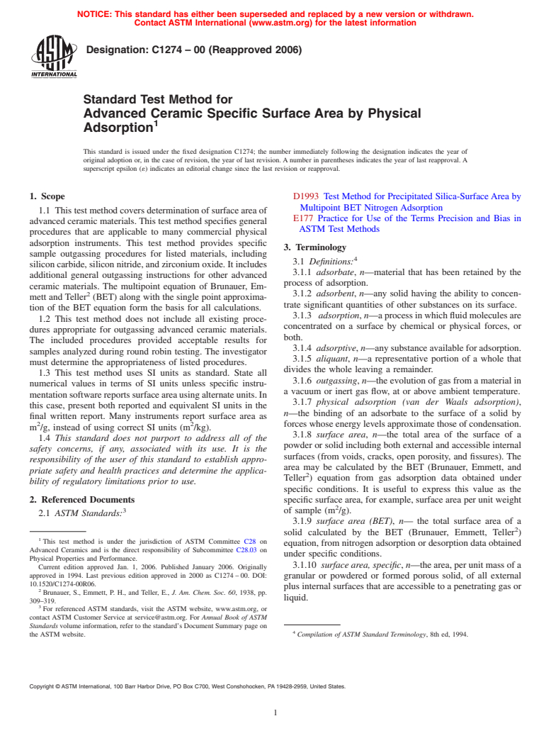 ASTM C1274-00(2006) - Standard Test Method for Advanced Ceramic Specific Surface Area by Physical Adsorption