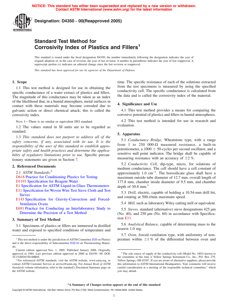 ASTM D4350-00(2005) - Standard Test Method for Corrosivity Index of Plastics and Fillers