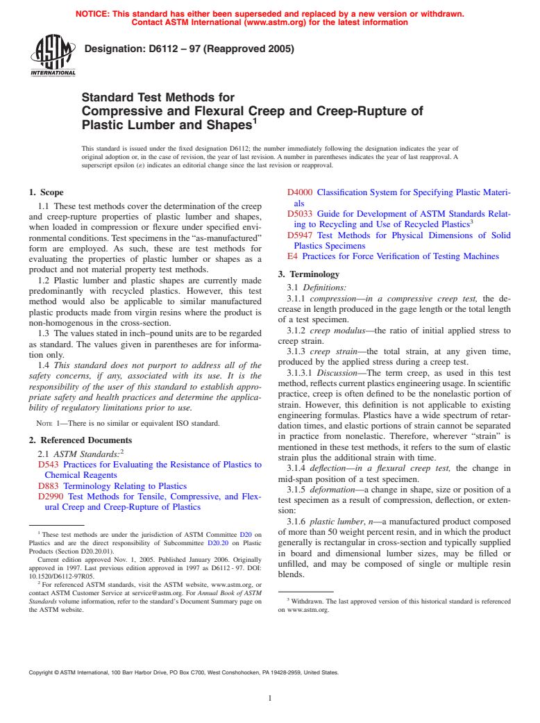 Astm D6112 972005 Standard Test Methods For Compressive And Flexural Creep And Creep Rupture Of