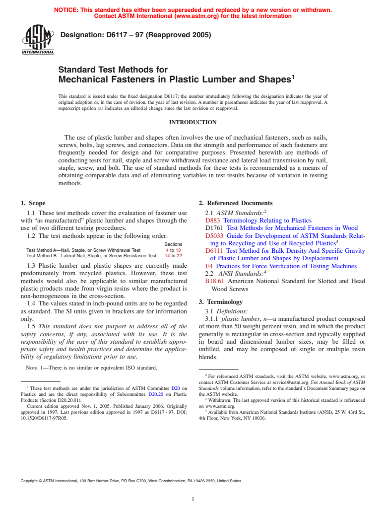 ASTM D6117-97(2005) - Standard Test Methods for Mechanical Fasteners In Plastic Lumber and Shapes