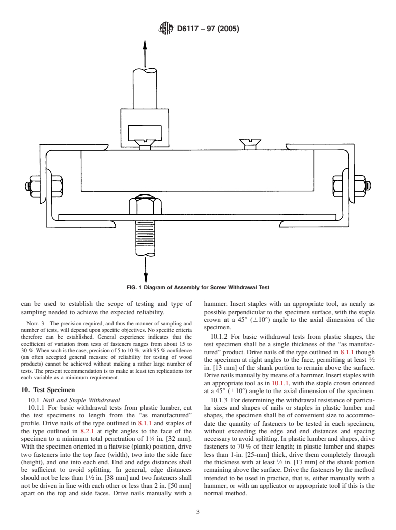 ASTM D6117-97(2005) - Standard Test Methods for Mechanical Fasteners In Plastic Lumber and Shapes