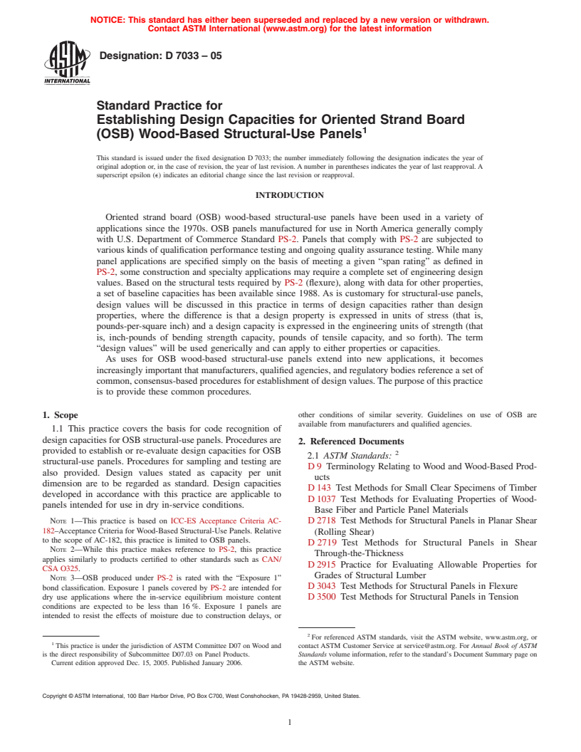 ASTM D7033-05 - Standard Practice for Establishing Design Capacities for Oriented Strand Board (OSB) Wood-Based Structural-Use Panels