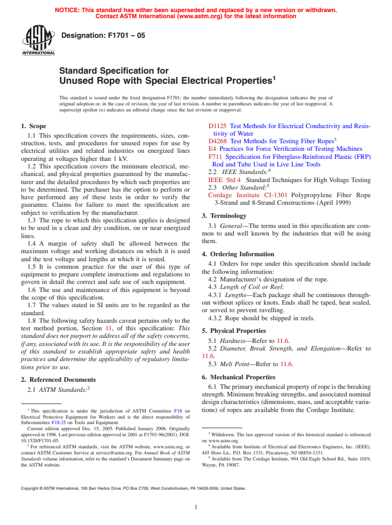 ASTM F1701-05 - Standard Specification for Unused Polypropylene Rope with Special Electrical Properties
