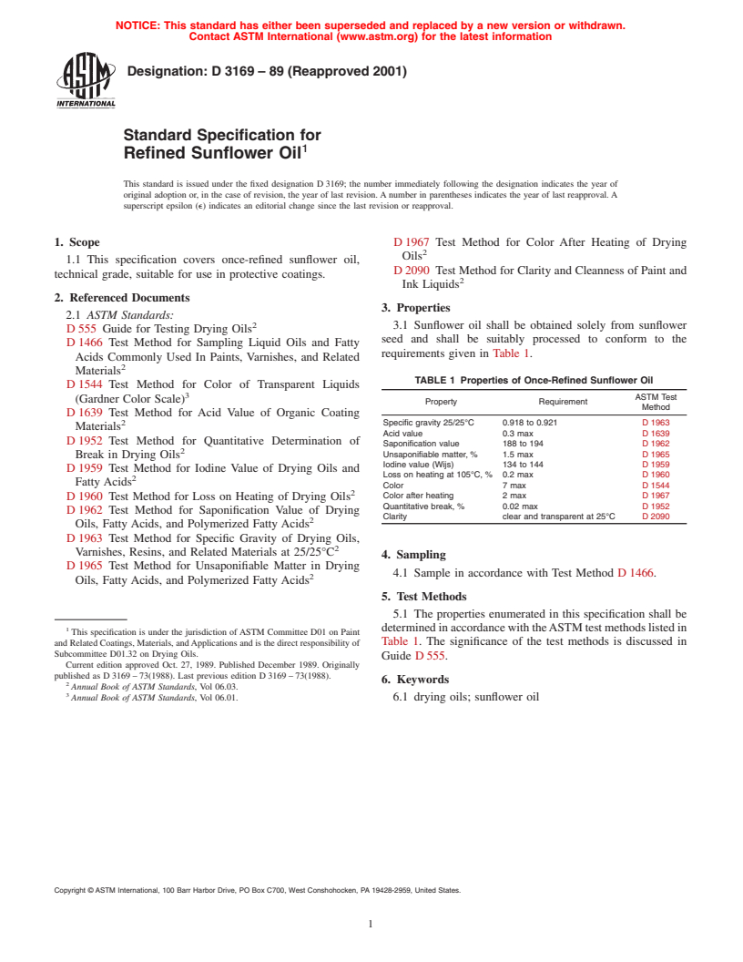 ASTM D3169-89(2001) - Standard Specification for Refined Sunflower Oil (Withdrawn 2007)