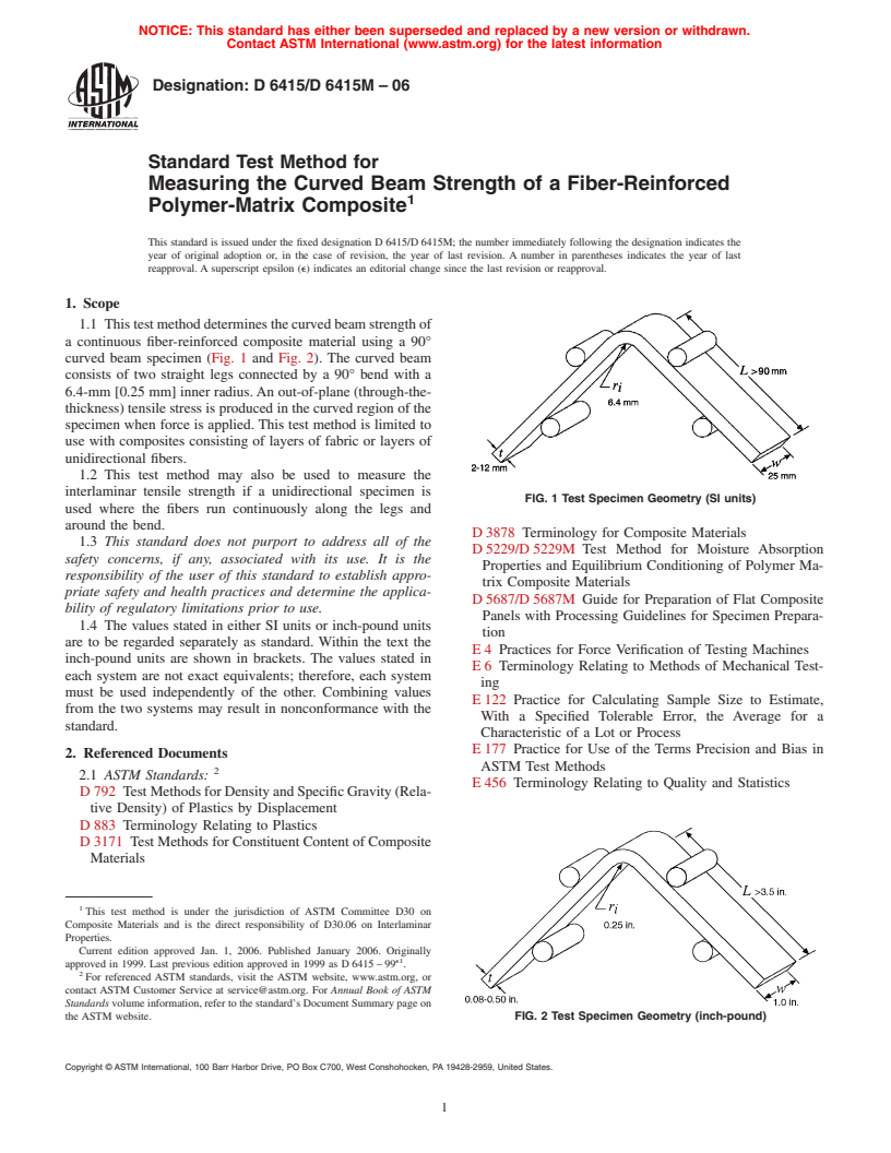 ASTM D6415/D6415M-06 - Standard Test Method for Measuring the Curved Beam Strength of a Fiber-Reinforced Polymer-Matrix Composite