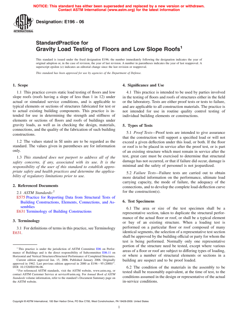 ASTM E196-06 - Standard Practice for Gravity Load Testing of Floors and Low Slope Roofs