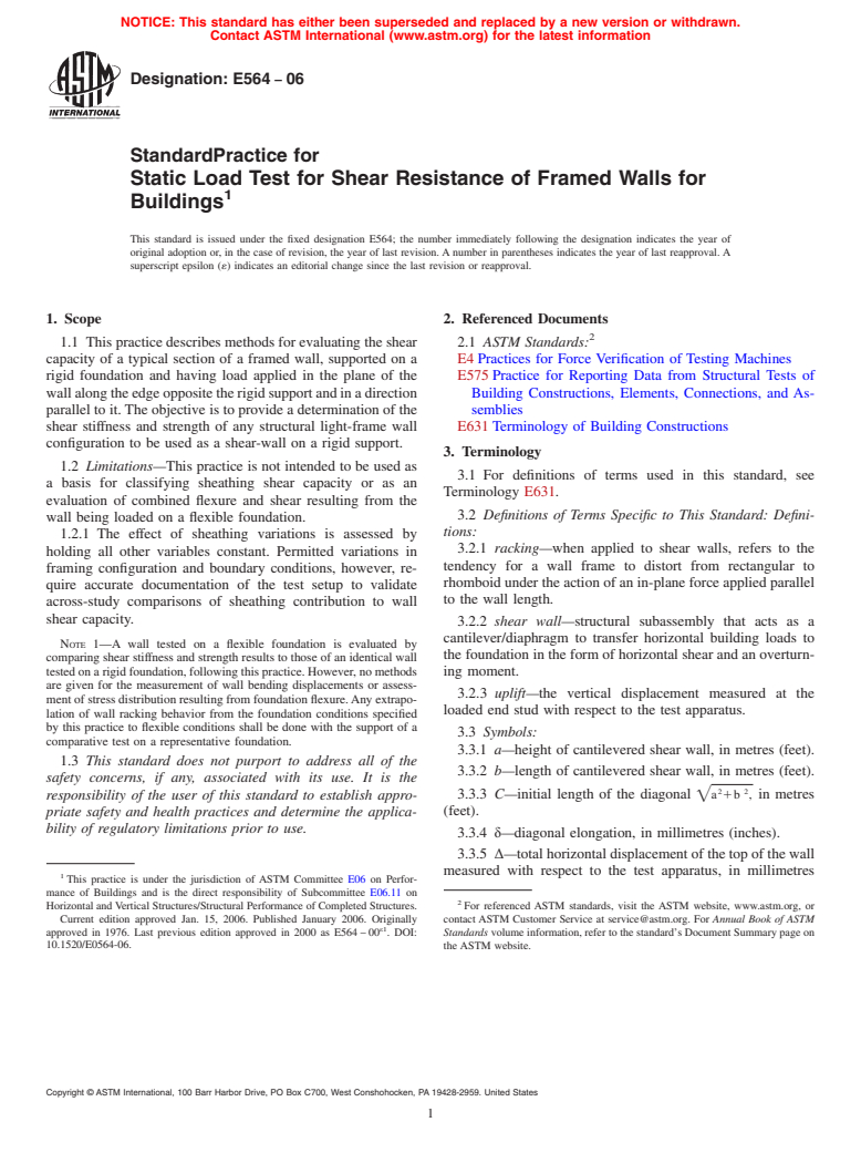 ASTM E564-06 - Standard Practice for Static Load Test for Shear Resistance of Framed Walls for Buildings