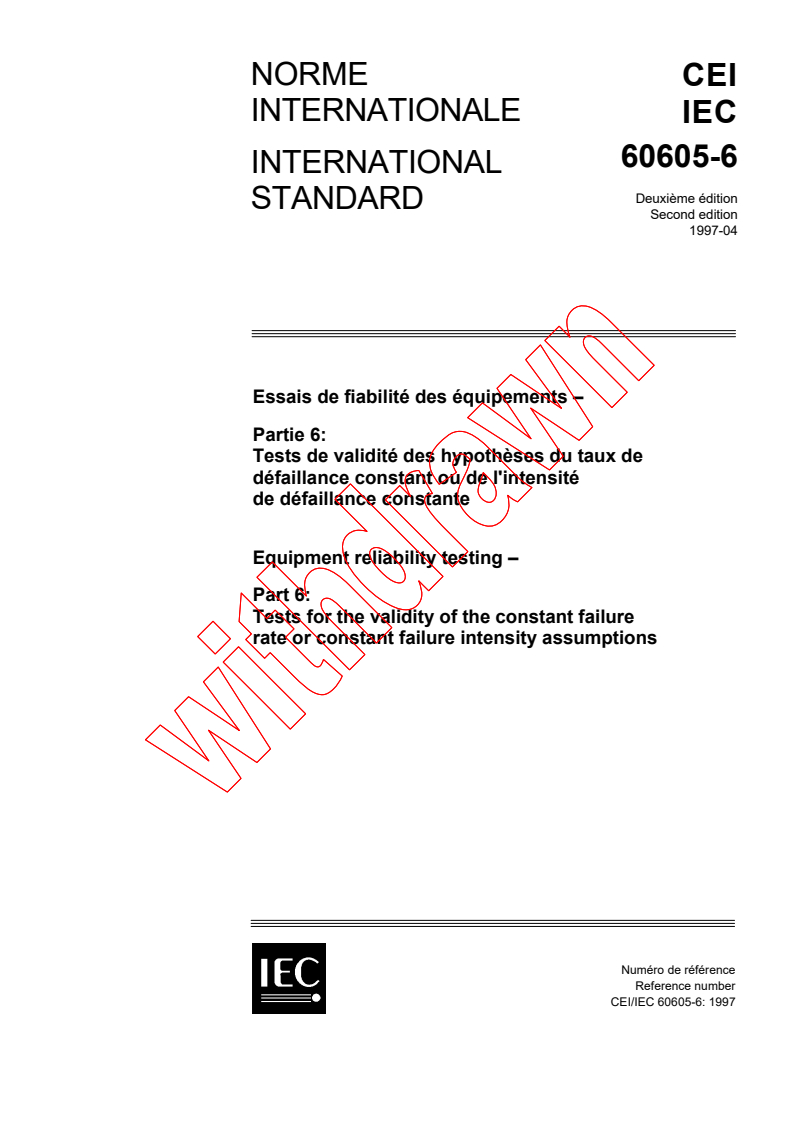 IEC 60605-6:1997 - Equipment reliability testing - Part 6: Tests for the validity of the constant failure rate or constant failure intensity assumptions
Released:4/23/1997
Isbn:2831838274
