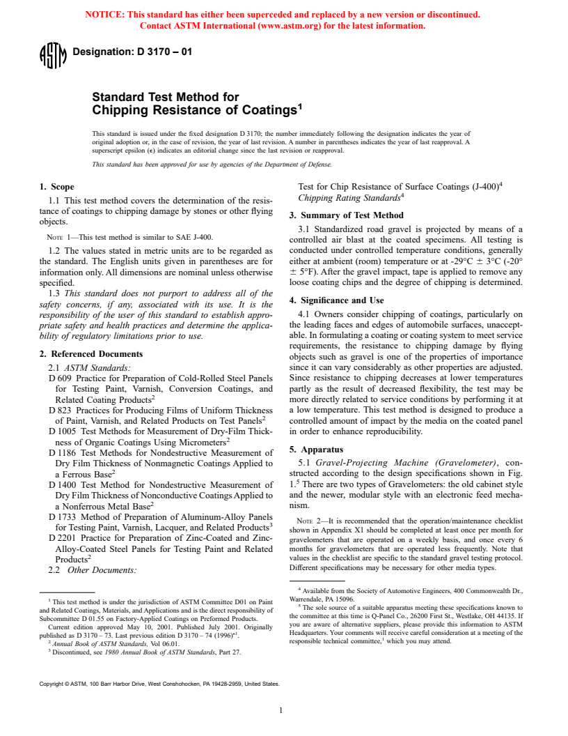 ASTM D3170-01 - Standard Test Method for Chipping Resistance of Coatings