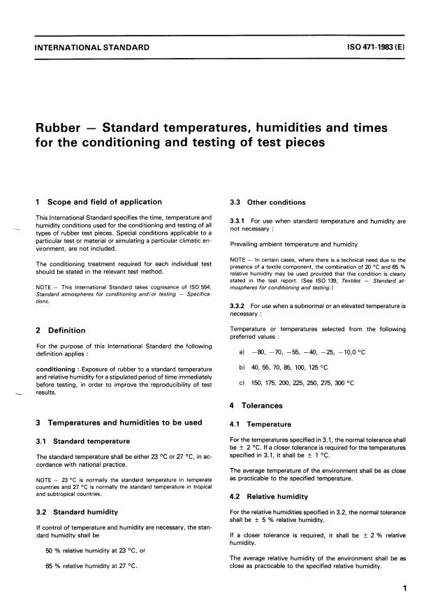 ISO 471:1983 - Rubber -- Standard temperatures, humidities and times for the conditioning and testing of test pieces