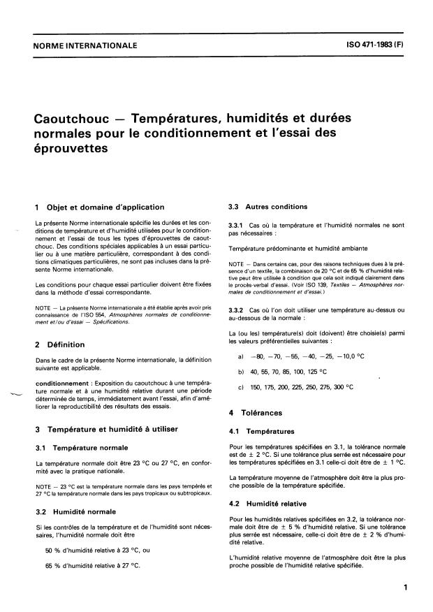 ISO 471:1983 - Caoutchouc -- Températures, humidités et durées normales pour le conditionnement et l'essai des éprouvettes
