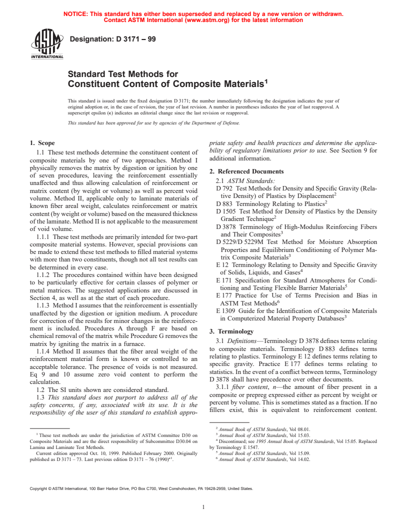 ASTM D3171-99 - Standard Test Methods for Constituent Content of Composite Materials