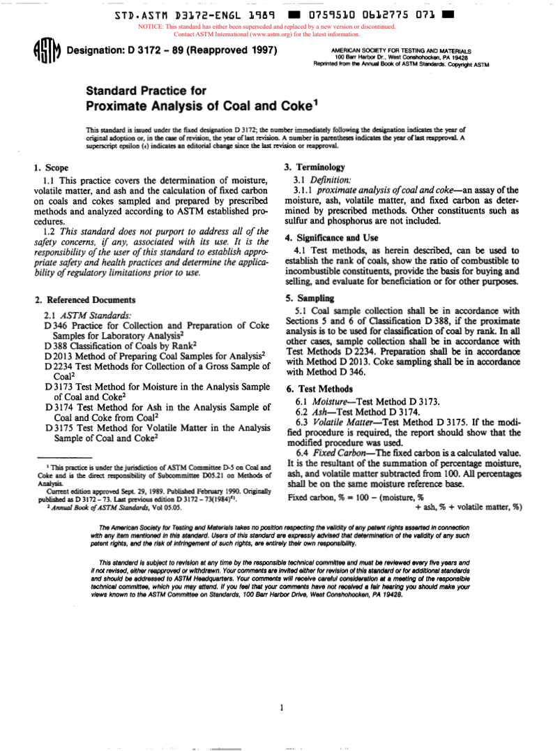 ASTM D3172-89(1997) - Standard Practice for Proximate Analysis of Coal and Coke