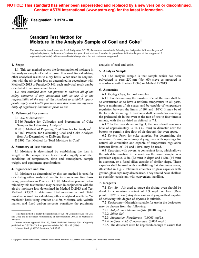 ASTM D3173-00 - Standard Test Method for Moisture in the Analysis Sample of Coal and Coke