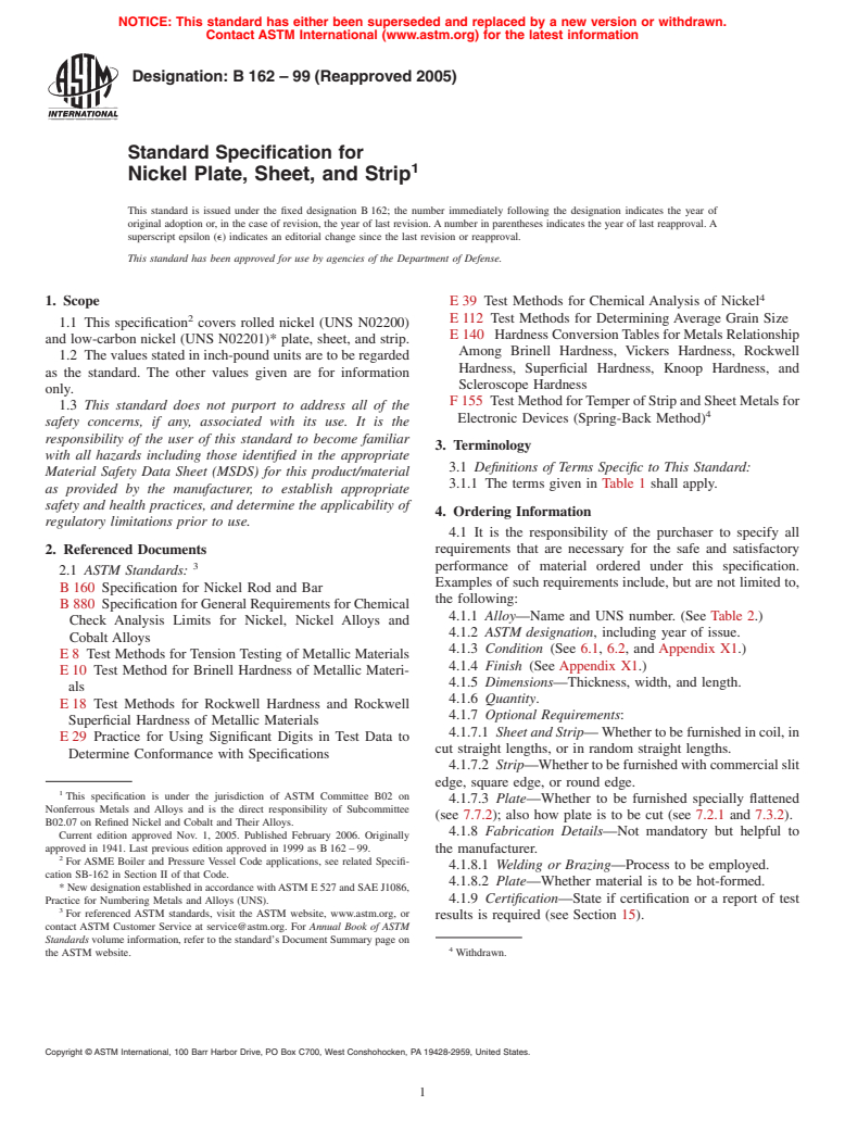 ASTM B162-99(2005) - Standard Specification for Nickel Plate, Sheet, and Strip