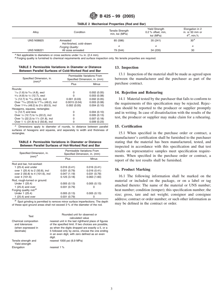 ASTM B425-99(2005) - Standard Specification for Ni-Fe-Cr-Mo-Cu Alloy (UNS N08825 and UNS N08221) Rod and Bar