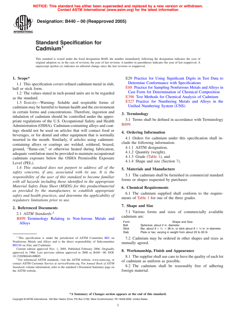 ASTM B440-00(2005) - Standard Specification for Cadmium