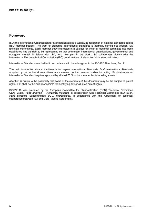 ISO 22119:2011 ISO 22119:2011 - Microbiology of food and animal feeding stuffs -- Real-time polymerase chain reaction (PCR) for the detection of food-borne pathogens -- General requirements and definitions - Page 4 preview