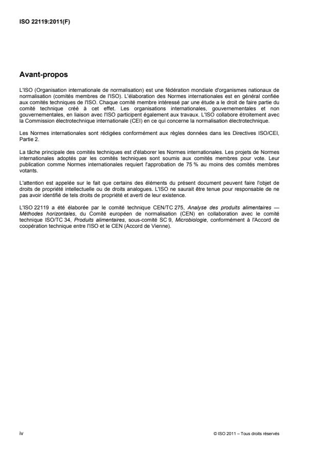 ISO 22119:2011 ISO 22119:2011 - Microbiologie des aliments -- Réaction de polymérisation en chaîne (PCR) en temps réel pour la détection des micro-organismes pathogenes dans les aliments -- Exigences générales et définitions - Page 4 preview