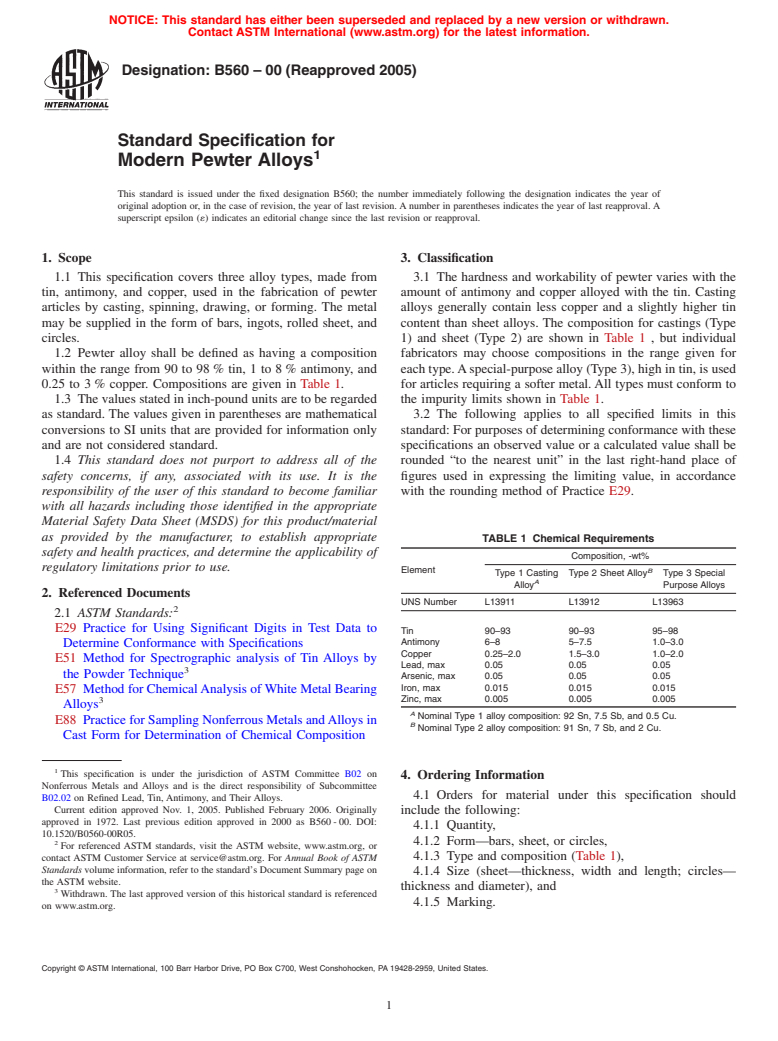 ASTM B560-00(2005) - Standard Specification for Modern Pewter Alloys