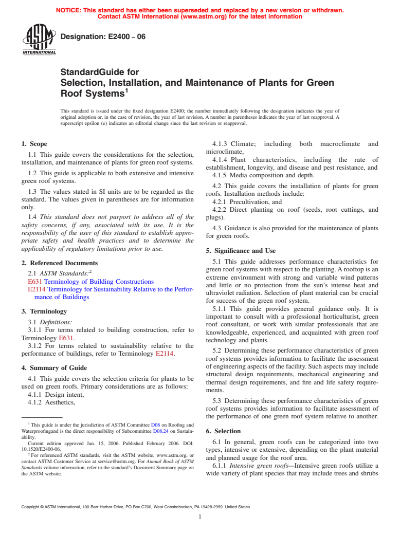 ASTM E2400-06 - Standard Guide for Selection, Installation, and Maintenance of Plants for Green Roof Systems