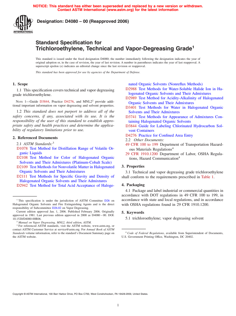 ASTM D4080-00(2006) - Standard Specification for Trichloroethylene, Technical and Vapor-Degreasing Grade