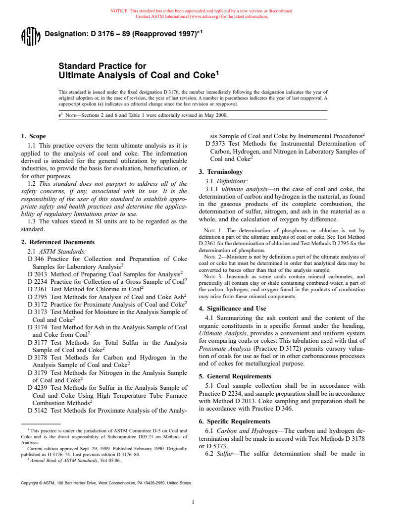 ASTM D3176-89(1997)e1 - Standard Practice for Ultimate Analysis of Coal and Coke