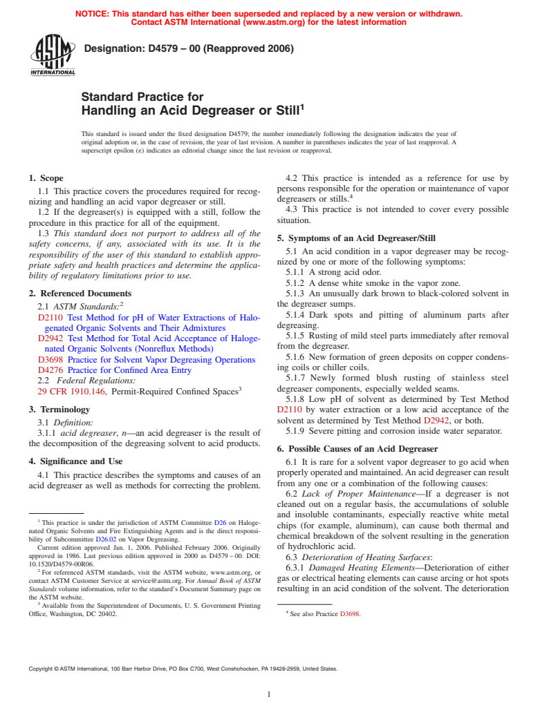 ASTM D4579-00(2006) - Standard Practice for Handling an Acid Degreaser or Still