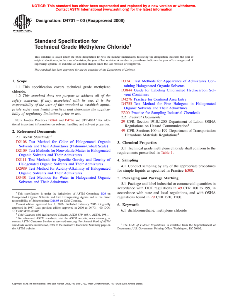 ASTM D4701-00(2006) - Standard Specification for Technical Grade Methylene Chloride
