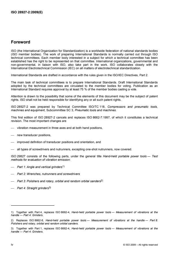 ISO 28927-2:2009 ISO 28927-2:2009 - Hand-held portable power tools -- Test methods for evaluation of vibration emission - Page 4 preview