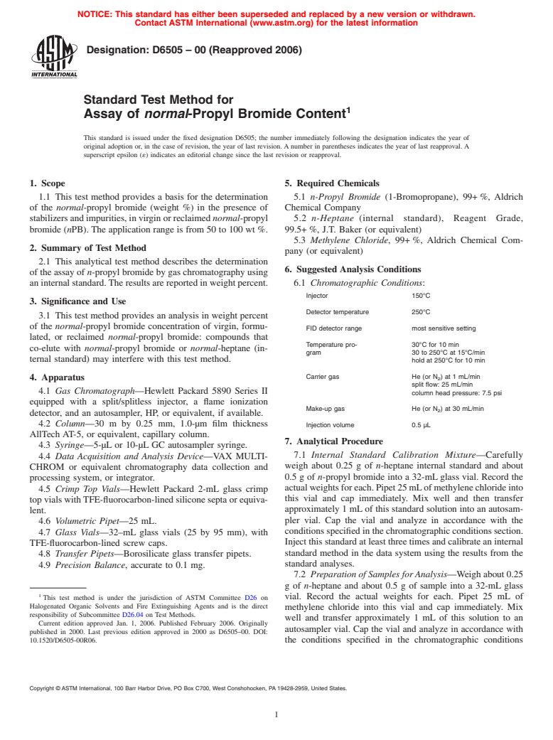 ASTM D6505-00(2006) - Standard Test Method for Assay of <i>normal</i>-Propyl Bromide Content