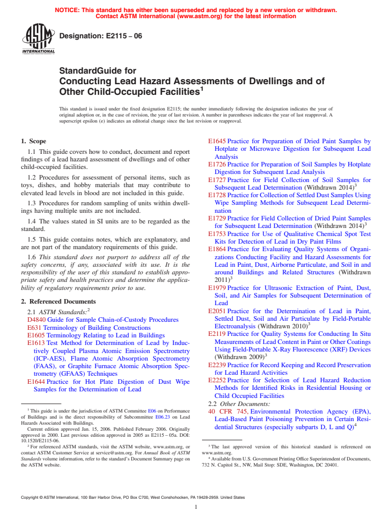 ASTM E2115-06 - Standard Guide for Conducting Lead Hazard Assessments of Dwellings and of Other Child-Occupied Facilities (Withdrawn 2015)