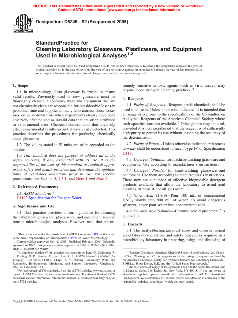 ASTM D5245-92(2005) - Standard Practice for Cleaning Laboratory Glassware, Plasticware, and Equipment Used in Microbiological Analyses