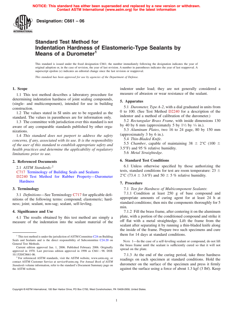 ASTM C661-06 - Standard Test Method for Indentation Hardness of Elastomeric-Type Sealants by Means of a Durometer