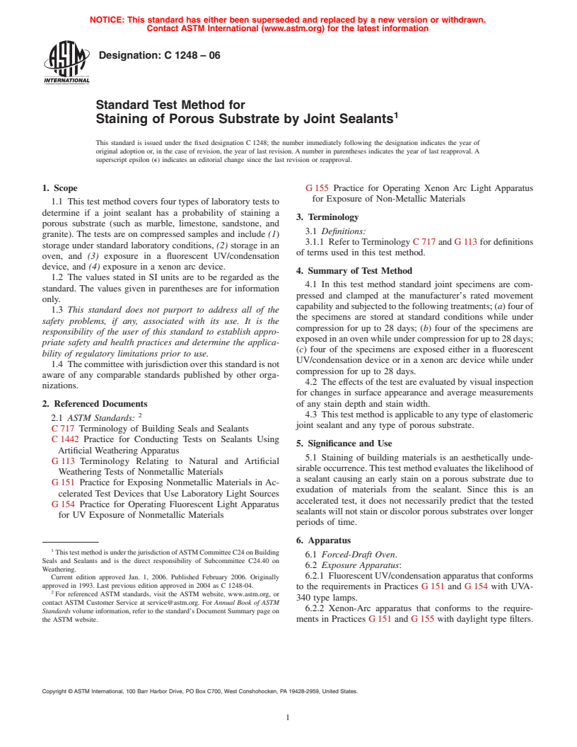 ASTM C1248-06 - Standard Test Method for Staining of Porous Substrate by Joint Sealants