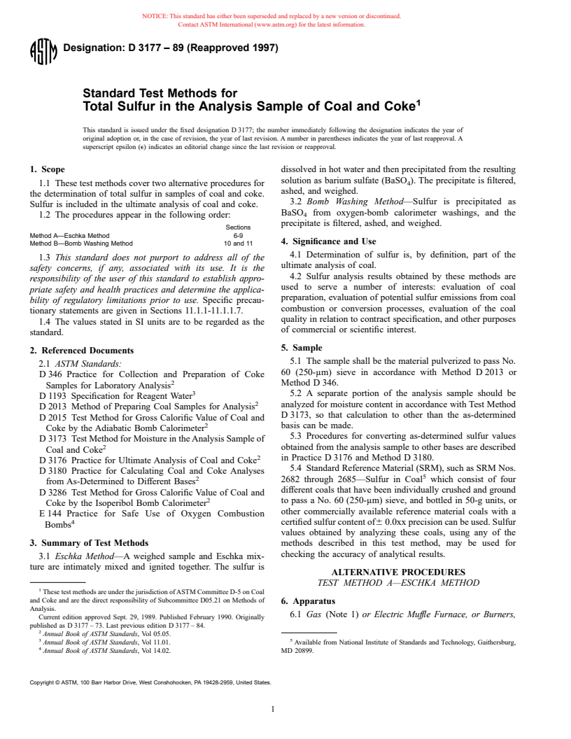 ASTM D3177-89(1997) - Standard Test Methods for Total Sulfur in the Analysis Sample of Coal and Coke