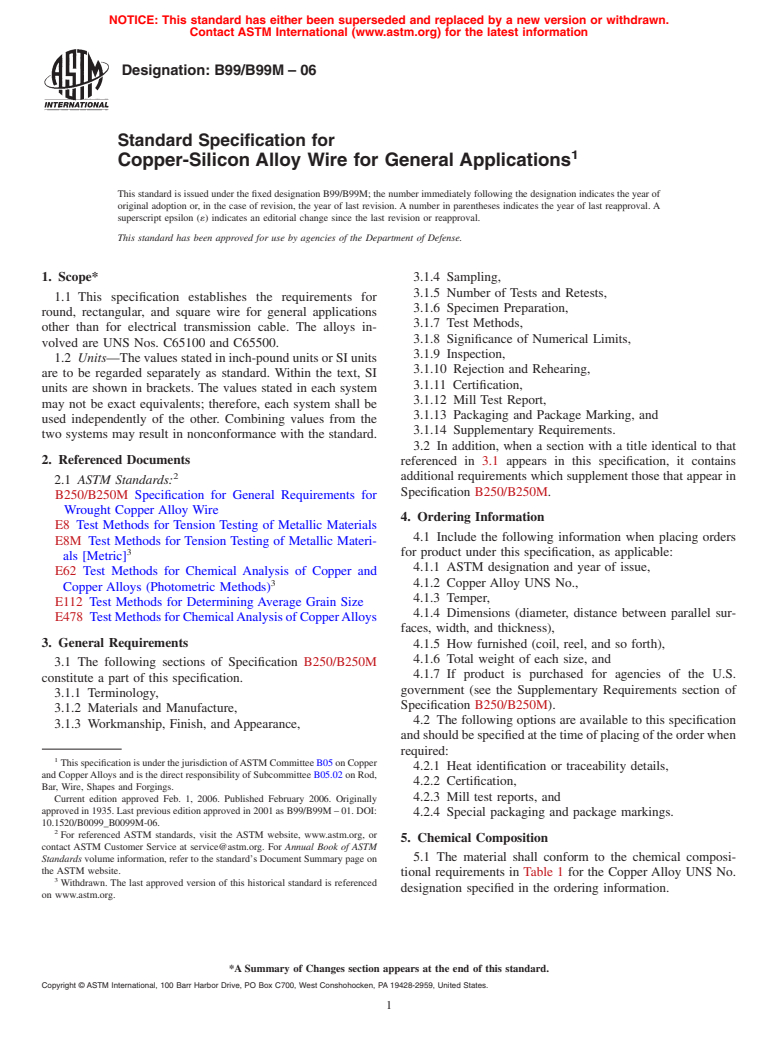 ASTM B99/B99M-06 - Standard Specification for Copper-Silicon Alloy Wire for General Applications