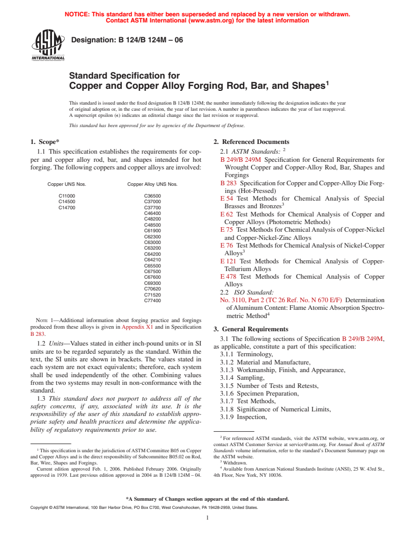 ASTM B124/B124M-06 - Standard Specification for Copper and Copper Alloy Forging Rod, Bar, and Shapes