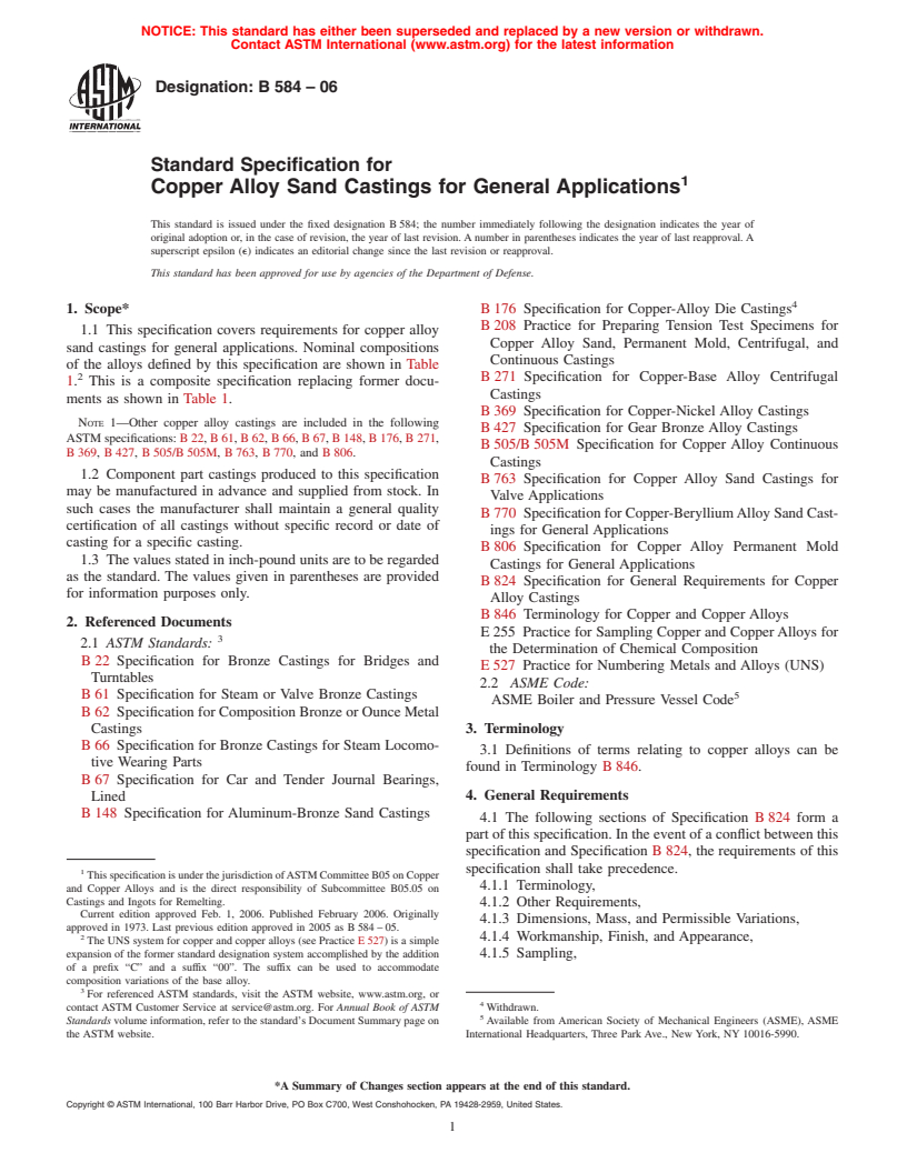 ASTM B584-06 - Standard Specification for Copper Alloy Sand Castings for General Applications