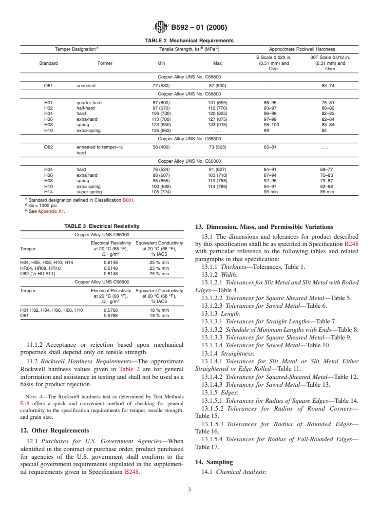 ASTM B592-01(2006) - Standard Specification for Copper-Zinc-aluminum-Cobalt Alloy, Copper-Zinc-Tin-Iron Alloy Plate, Sheet, Strip, and Rolled Bar