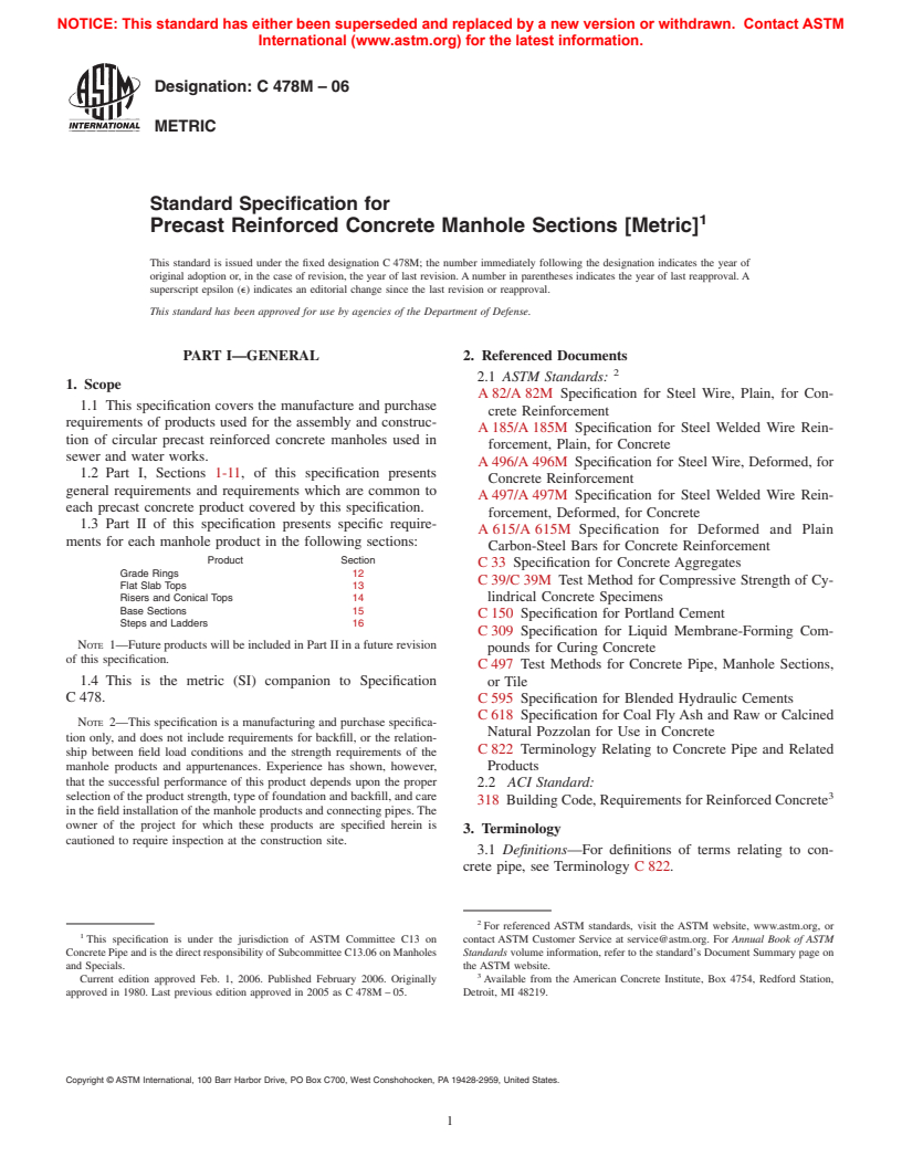 ASTM C478M-06 - Standard Specification for Precast Reinforced Concrete Manhole Sections [Metric]