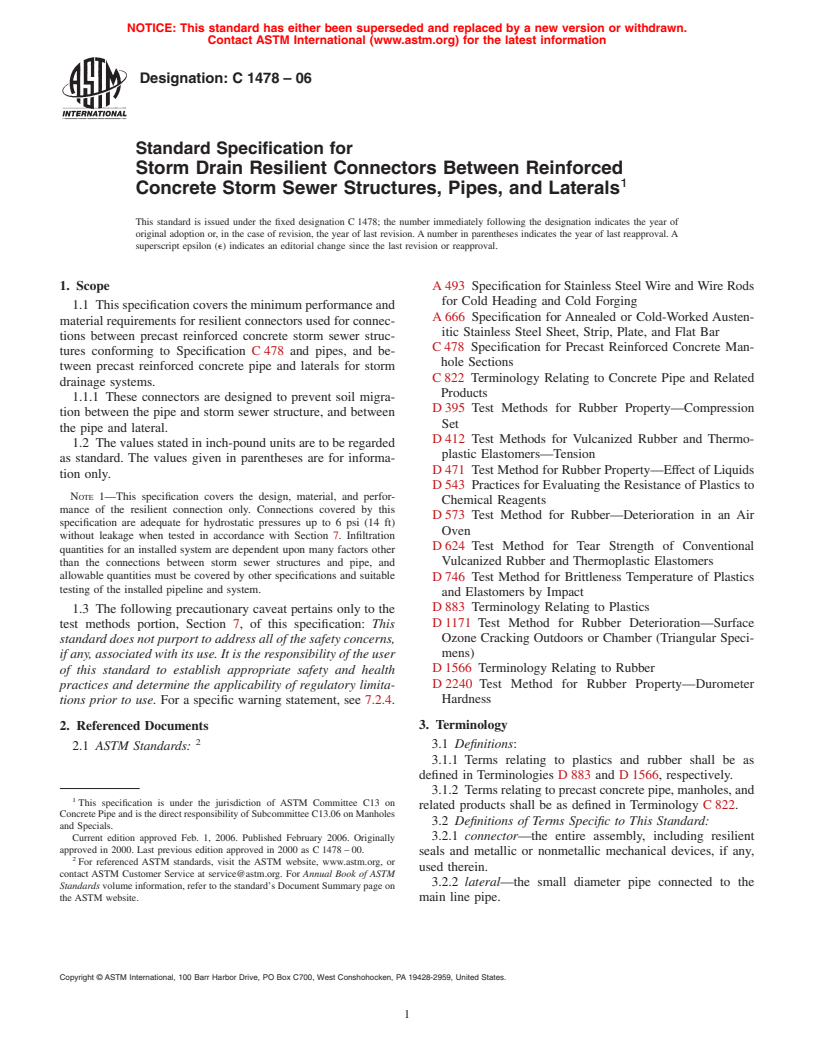 ASTM C1478-06 - Standard Specification for Storm Drain Resilient Connectors Between Reinforced Concrete Storm Sewer Structures, Pipes, and Laterals