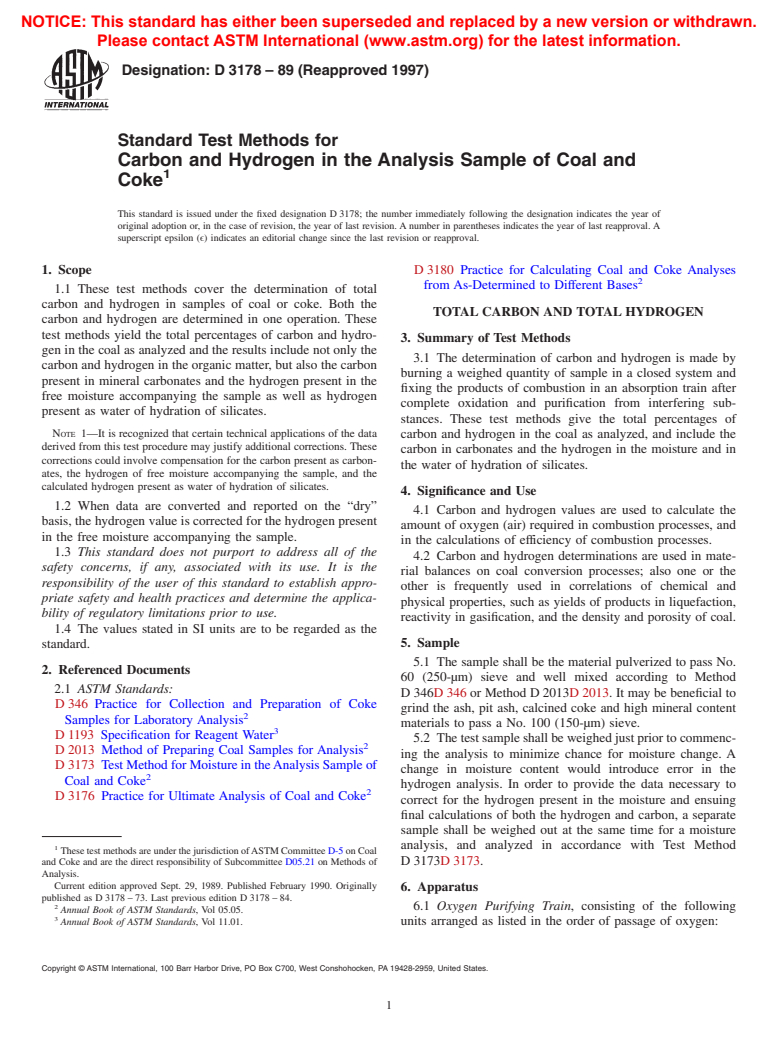 ASTM D3178-89(1997) - Standard Test Methods for Carbon and Hydrogen in the Analysis Sample of Coal and Coke