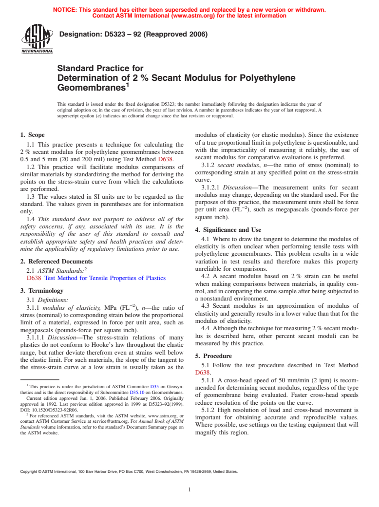 ASTM D5323-92(2006) - Standard Practice for Determination of 2 % Secant Modulus for Polyethylene Geomembranes