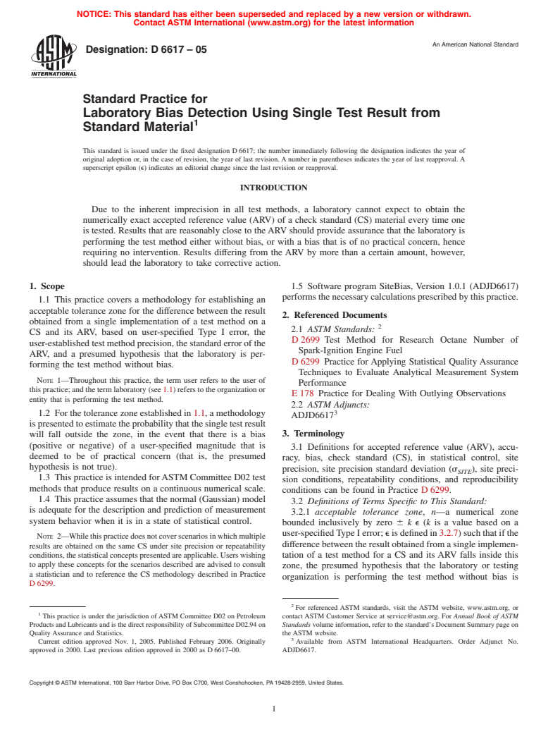 ASTM D6617-05 - Standard Practice for Laboratory Bias Detection Using Single Test Result from Standard Material