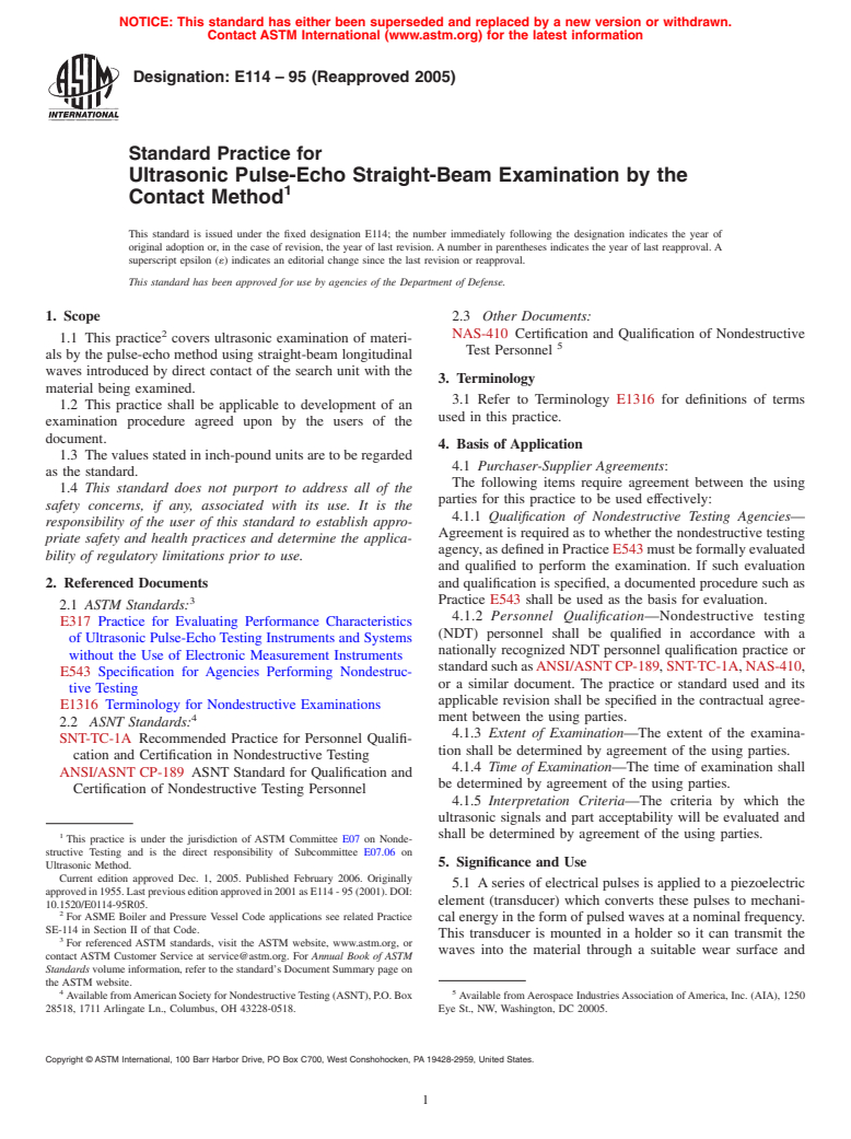 ASTM E114-95(2005) - Standard Practice for Ultrasonic Pulse-Echo Straight-Beam Examination by the Contact Method