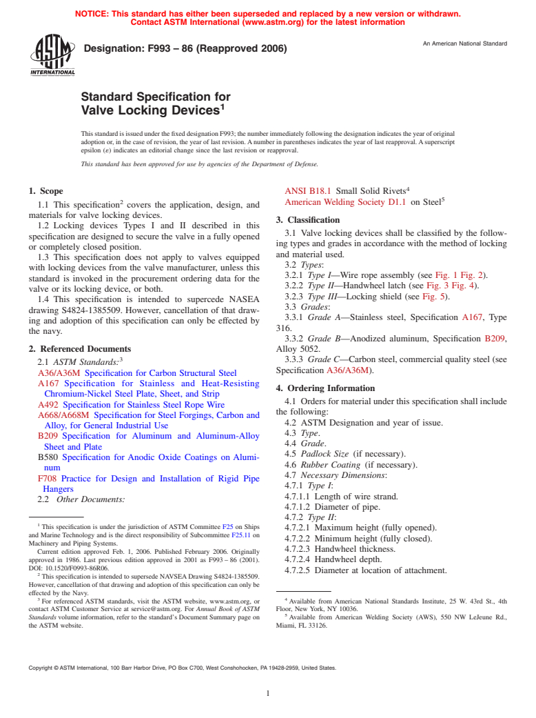 ASTM F993-86(2006) - Standard Specification for Valve Locking Devices